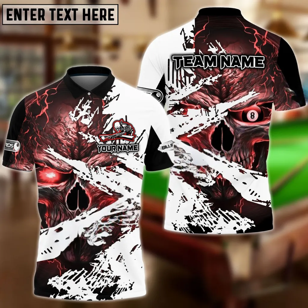 Billiard 8 Ball Inferno Skull Multicolor Options Personalized Name, Team Name 3D Polo Shirt