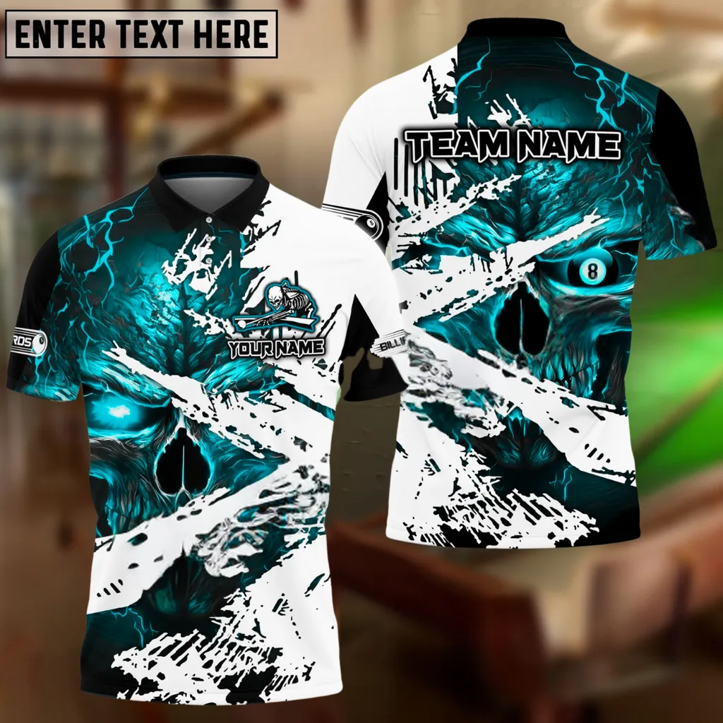 Billiard 8 Ball Inferno Skull Multicolor Options Personalized Name, Team Name 3D Polo Shirt