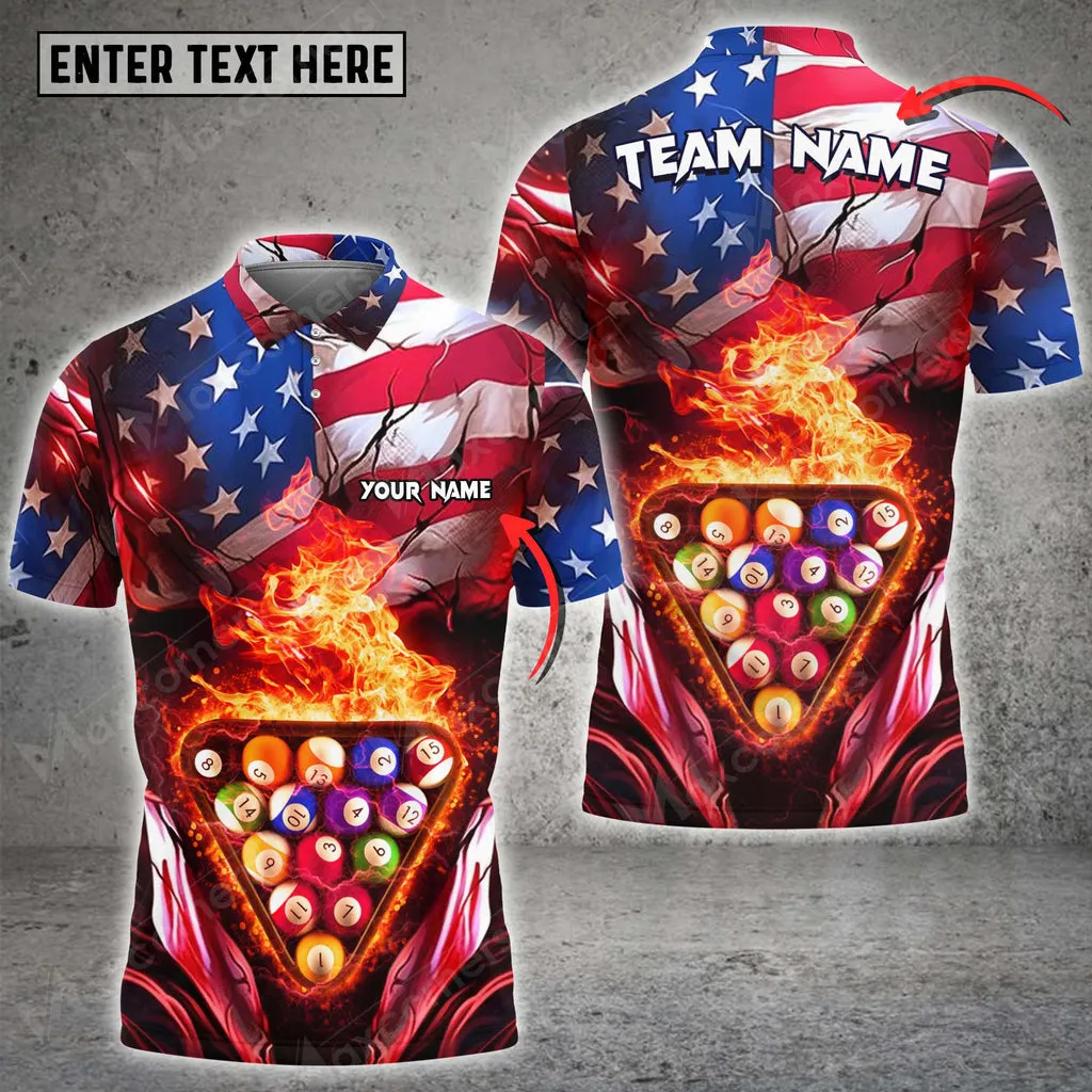 Coolspod Personalized Billiard Ball Flag American Fire Skull Player Polo Shirt, US Flag Billiard Shirt
