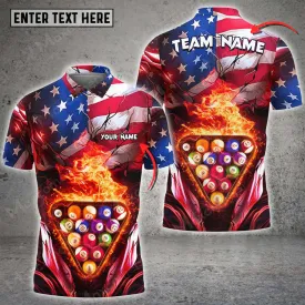 Coolspod Personalized Billiard Ball Flag American Fire Skull Player Polo Shirt, US Flag Billiard Shirt