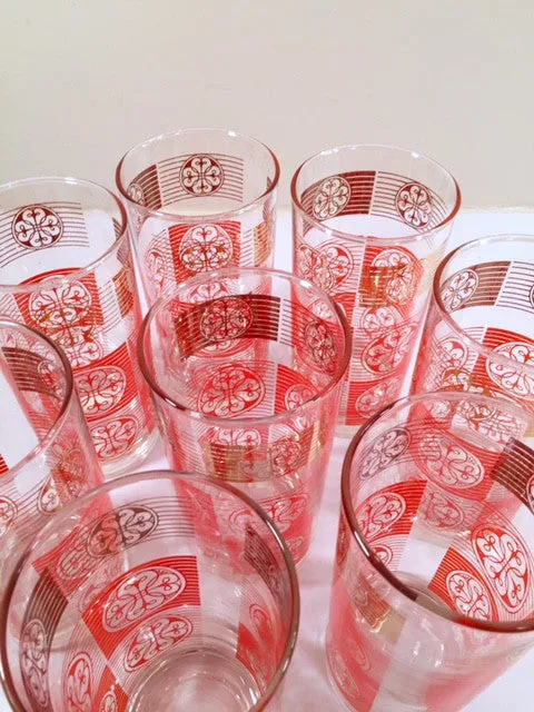 Libbey Mid-Century Orange and 22-Karat Gold Retro Glasses (Set of 8)