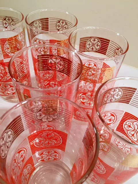 Libbey Mid-Century Orange and 22-Karat Gold Retro Glasses (Set of 8)