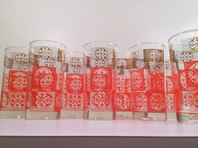 Libbey Mid-Century Orange and 22-Karat Gold Retro Glasses (Set of 8)