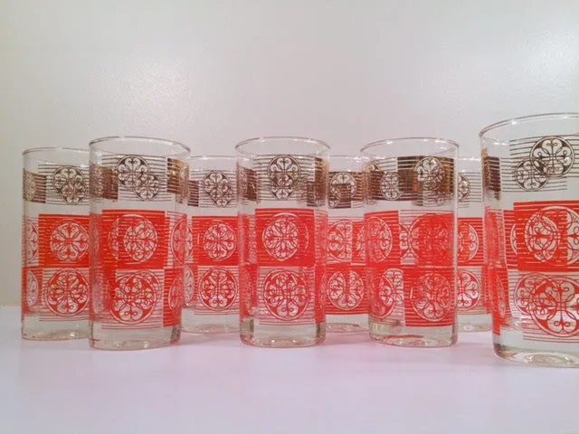Libbey Mid-Century Orange and 22-Karat Gold Retro Glasses (Set of 8)