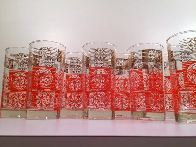 Libbey Mid-Century Orange and 22-Karat Gold Retro Glasses (Set of 8)