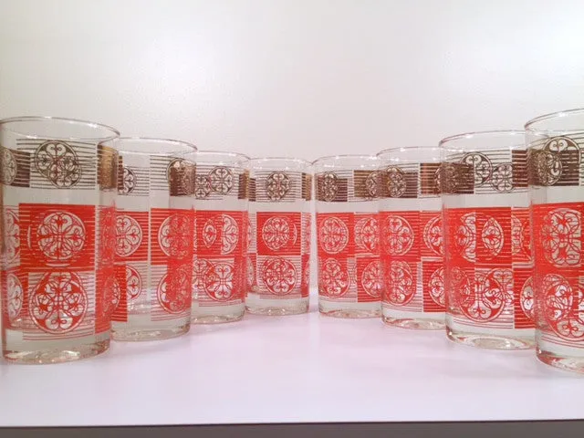 Libbey Mid-Century Orange and 22-Karat Gold Retro Glasses (Set of 8)