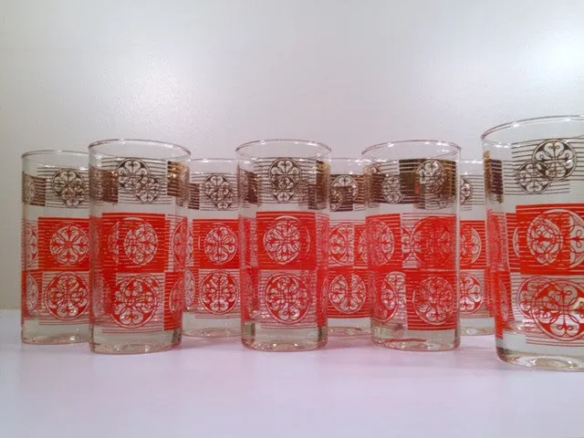 Libbey Mid-Century Orange and 22-Karat Gold Retro Glasses (Set of 8)