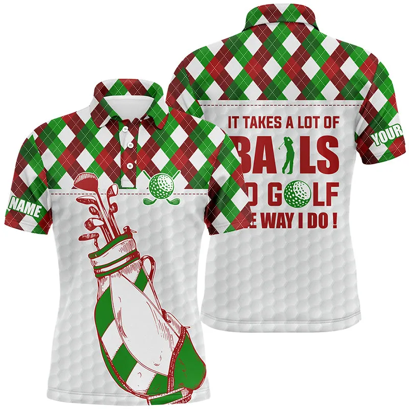 Mens Golf Polo Shirt It Takes A Lot Of Balls To Golf Custom Christmas Argyle Pattern Shirt For Men