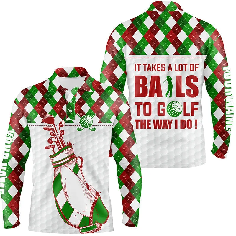 Mens Golf Polo Shirt It Takes A Lot Of Balls To Golf Custom Christmas Argyle Pattern Shirt For Men