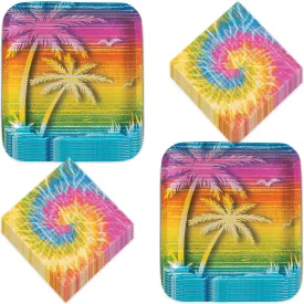 Tie Dye Rainbow Party Supplies - Sunset Tie Dye Swirl Palm Tree Square Paper Dinner Plates and Beverage Napkins For Beach Bum, 60's Decades, and Hippie Theme Parties (Serves 16)