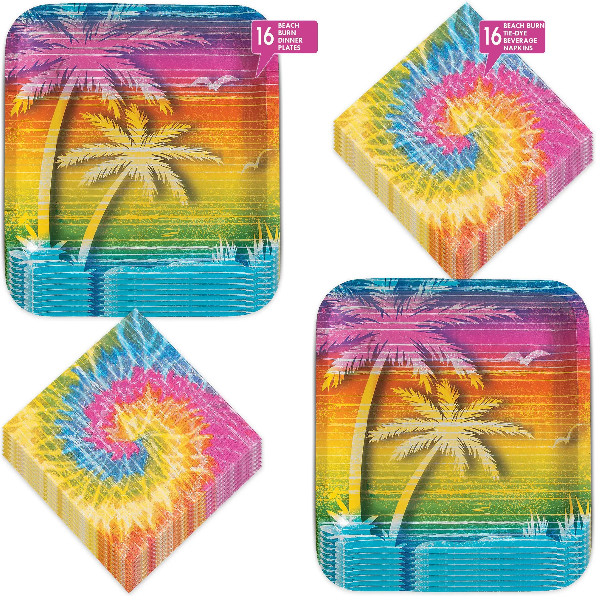 Tie Dye Rainbow Party Supplies - Sunset Tie Dye Swirl Palm Tree Square Paper Dinner Plates and Beverage Napkins For Beach Bum, 60's Decades, and Hippie Theme Parties (Serves 16)