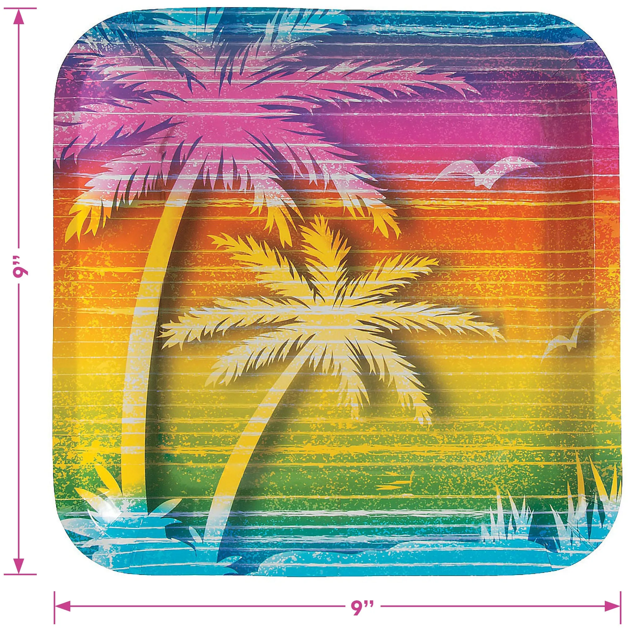 Tie Dye Rainbow Party Supplies - Sunset Tie Dye Swirl Palm Tree Square Paper Dinner Plates and Beverage Napkins For Beach Bum, 60's Decades, and Hippie Theme Parties (Serves 16)