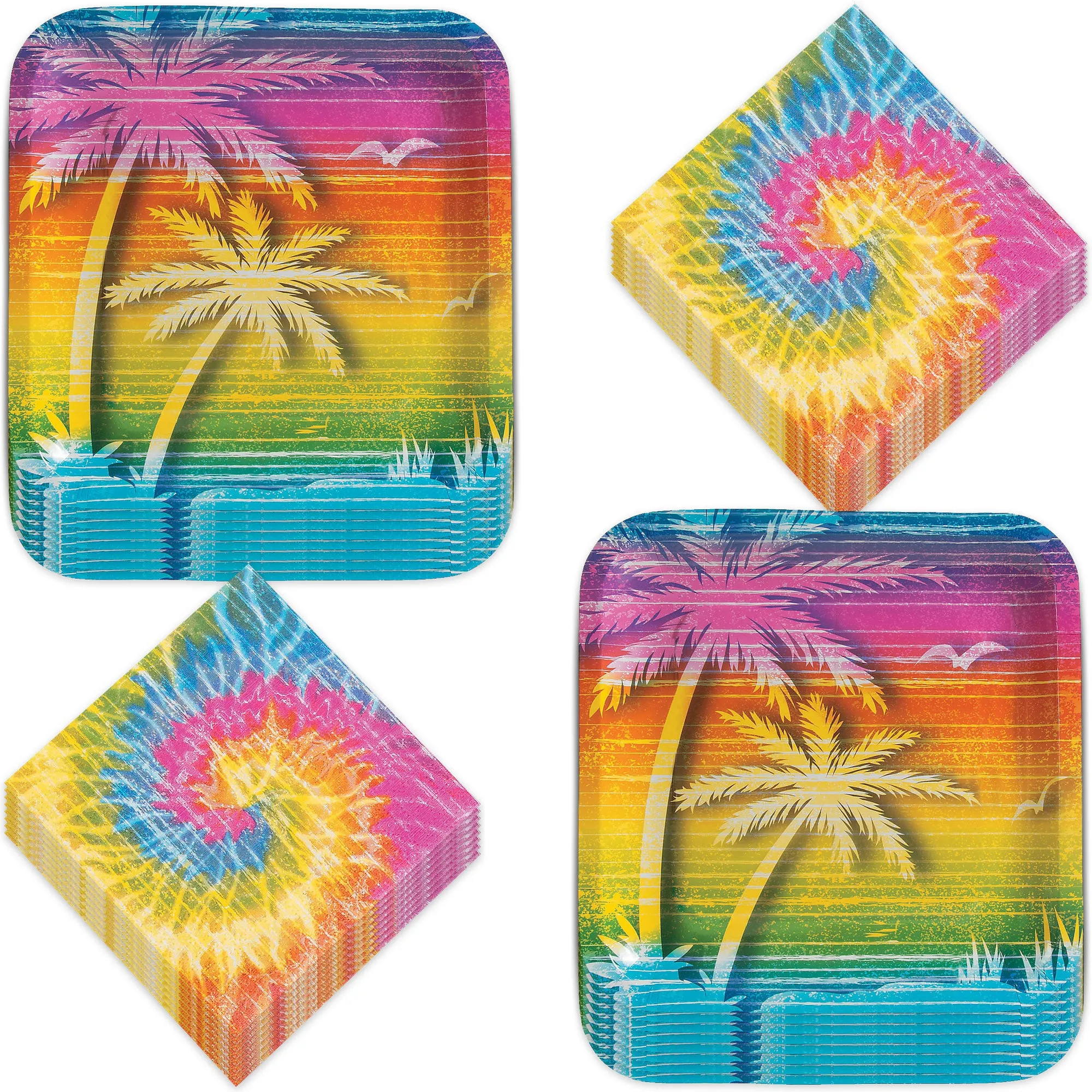 Tie Dye Rainbow Party Supplies - Sunset Tie Dye Swirl Palm Tree Square Paper Dinner Plates and Beverage Napkins For Beach Bum, 60's Decades, and Hippie Theme Parties (Serves 16)